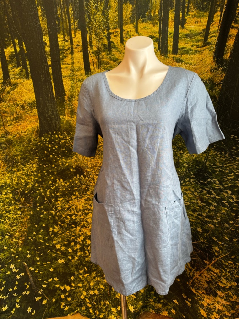 FLAX Linen Shift Dress Blue Oversized Waist Ties and Pockets Small Medium
